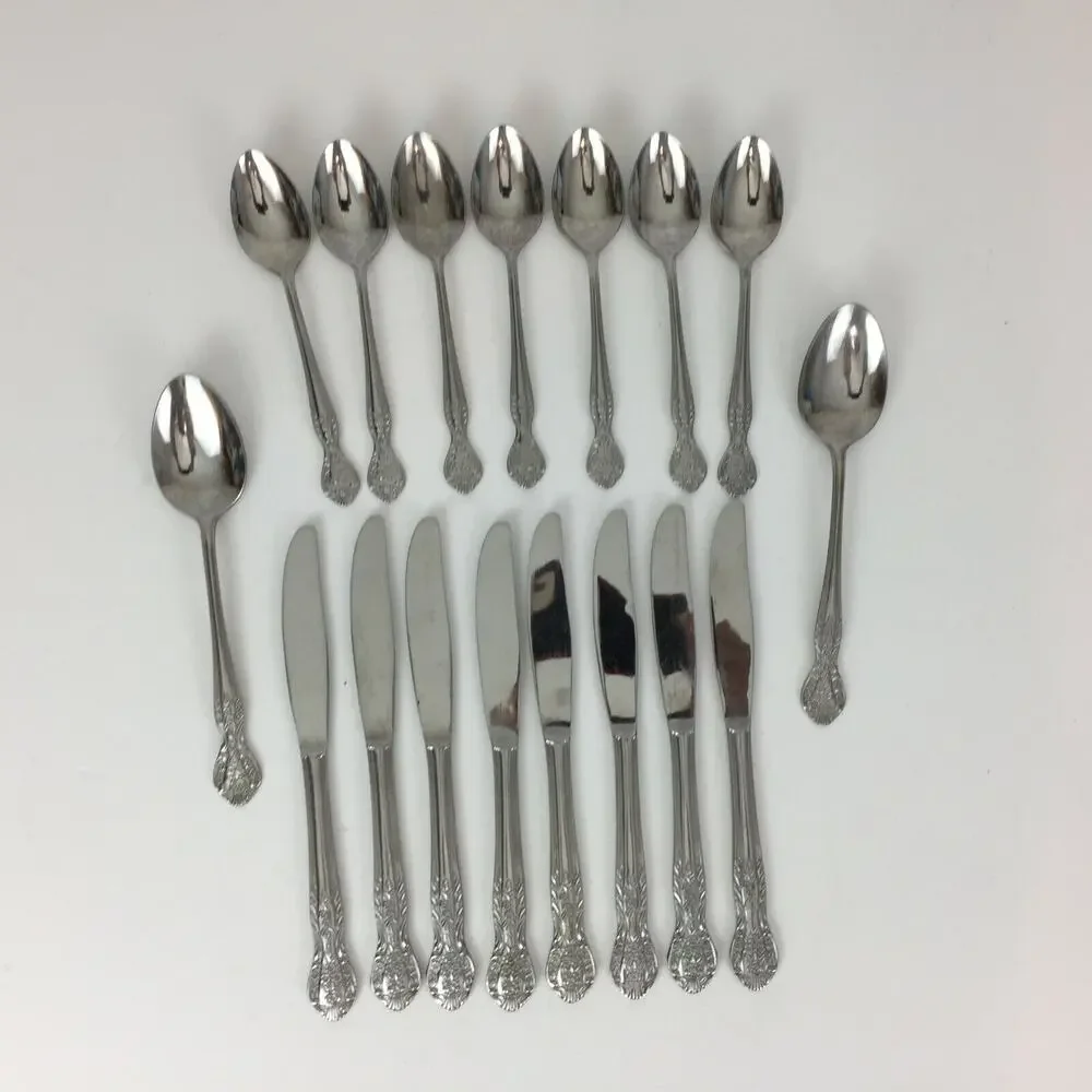Vintage Nasco Pamela Pattern Stainless Flatware Japan Knife Spoon 17pcs